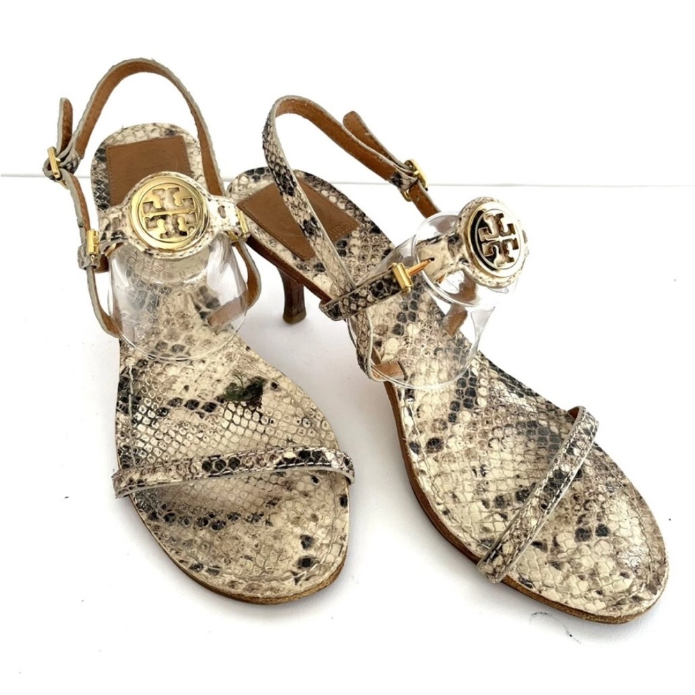 Tory Burch Mira Tomm sandal Snakeskin Heels logo plate size 8 M